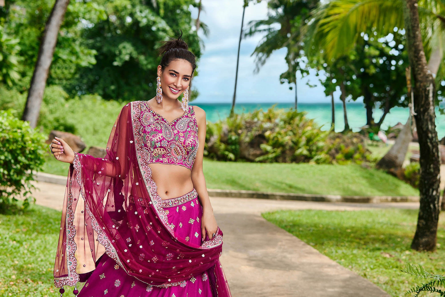 Burgundy Satin Silk Sequins and Zarkan embroidery Lehenga