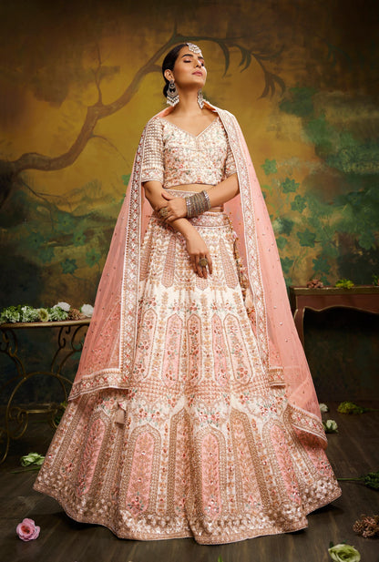 Off White Pure Silk Moti & Zarkan heavy embroidery Lehenga