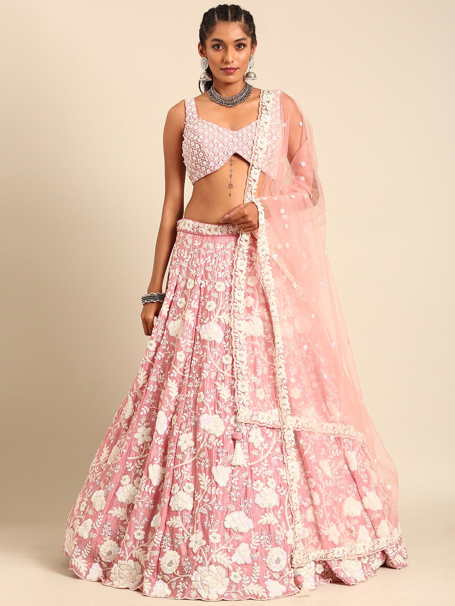 Rose Gold Chinon Sequins and Zarkan embroidery Lehenga