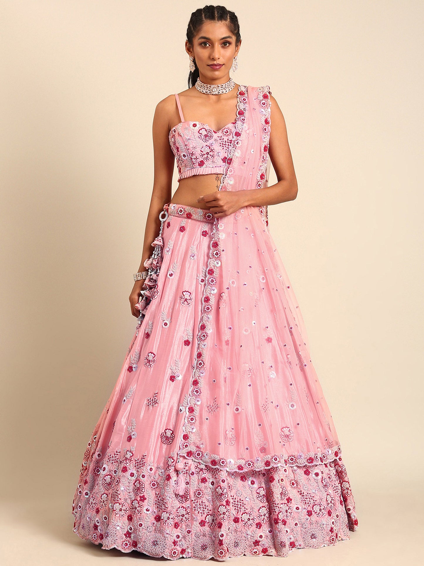 Peach Pure georgette Sequins, Zarkan and thread embroidery Lehenga