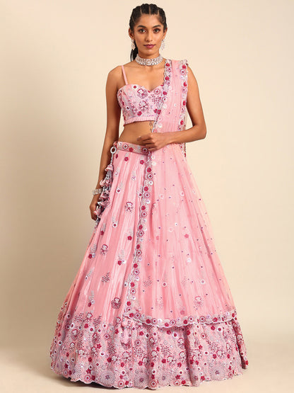 Peach Pure georgette Sequins, Zarkan and thread embroidery Lehenga