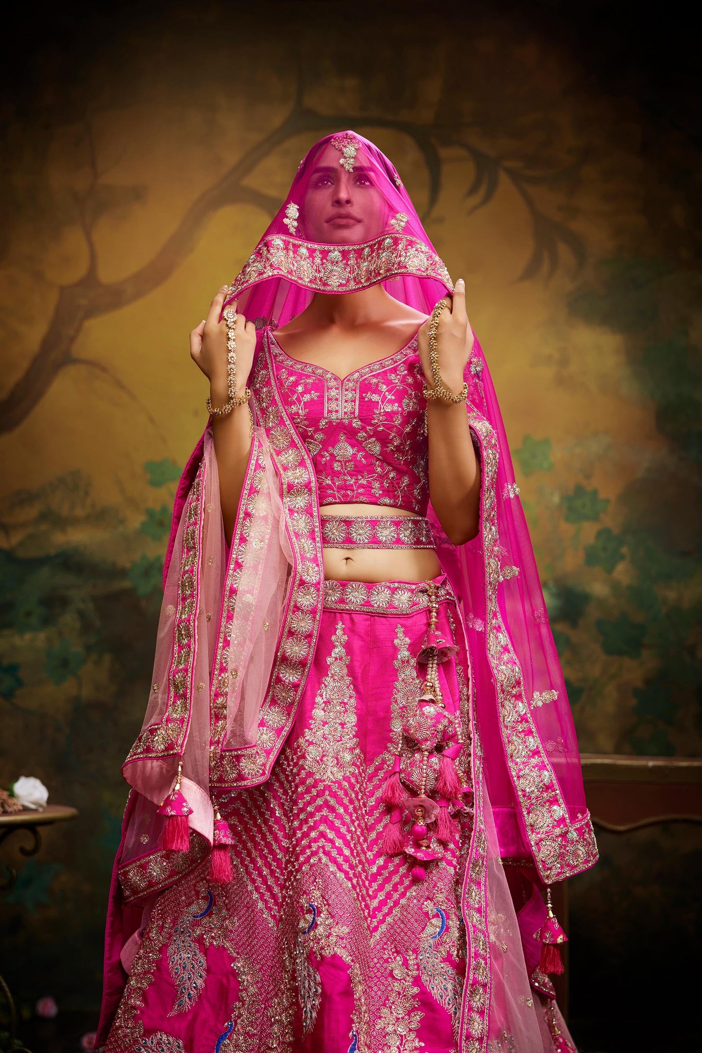 Pink Pure Silk Moti & Zarkan heavy embroidery Lehenga