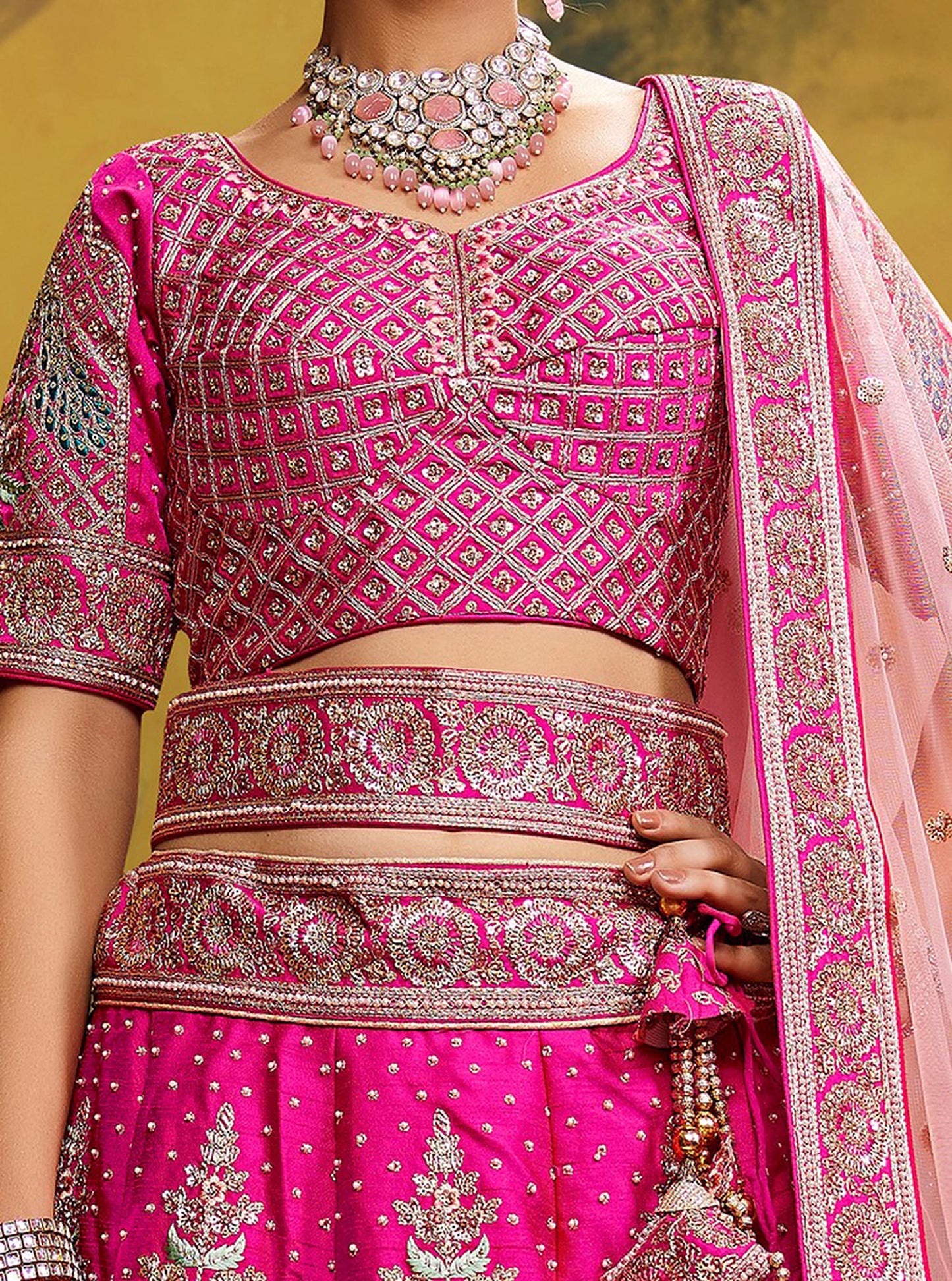 Pink Pure Silk Moti & Zarkan heavy embroidery Lehenga