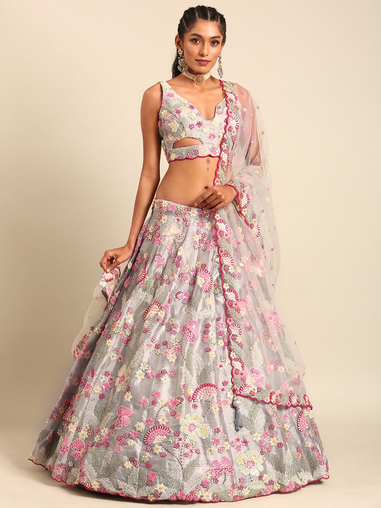 Grey Organza Sequins and Zarkan embroidery Lehenga