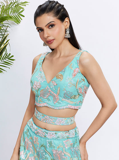 Turquoise blue Net Sequins and thread embroidery Lehenga