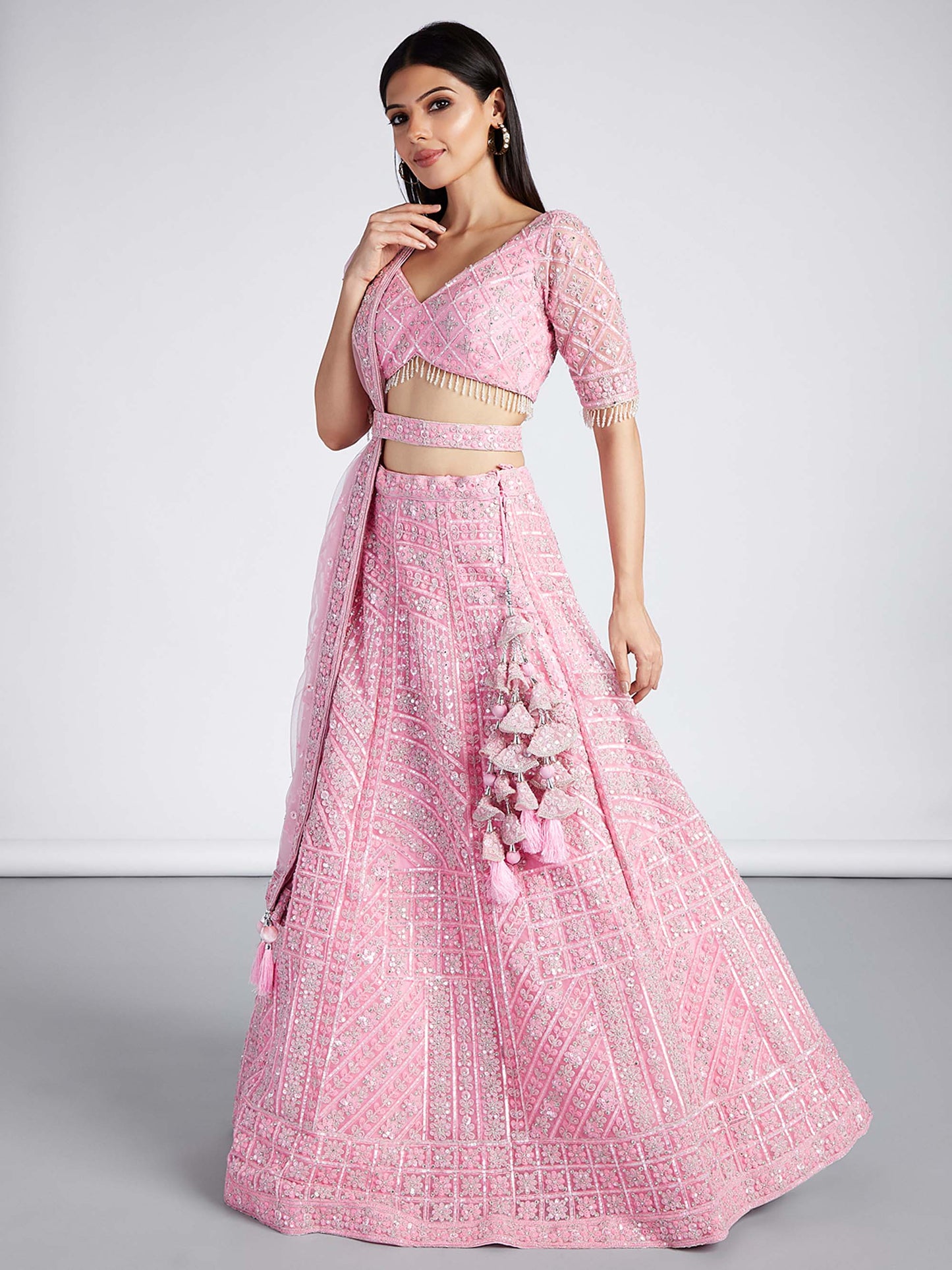 Pink Net Sequins, Zarkan and thread embroidery Lehenga choli & Dupatta