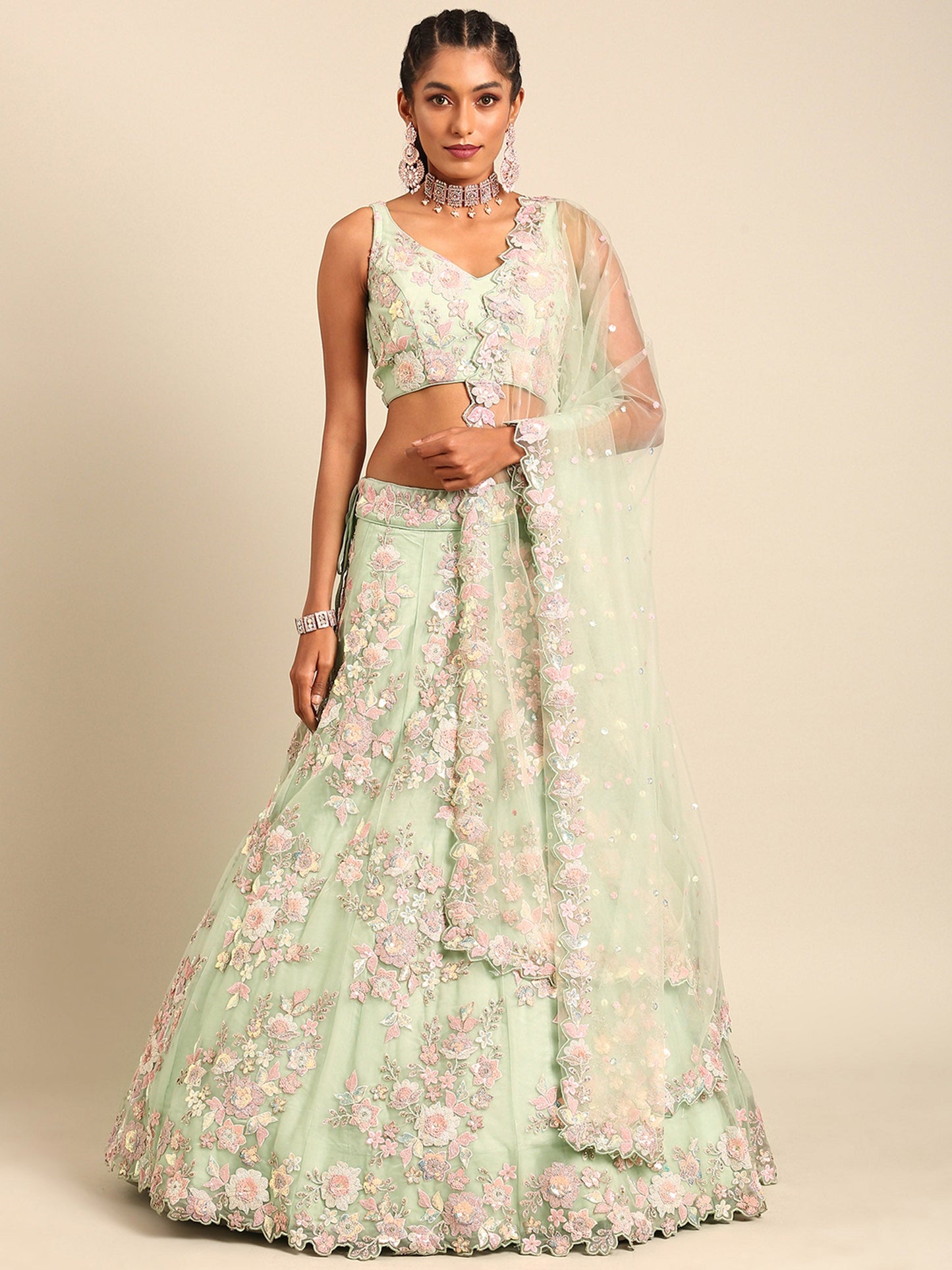 Lime Green Net Sequins Zarkan embroidery Lehenga