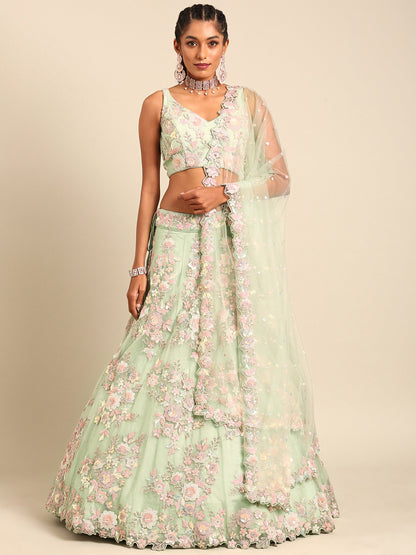 Lime Green Net Sequins Zarkan embroidery Lehenga