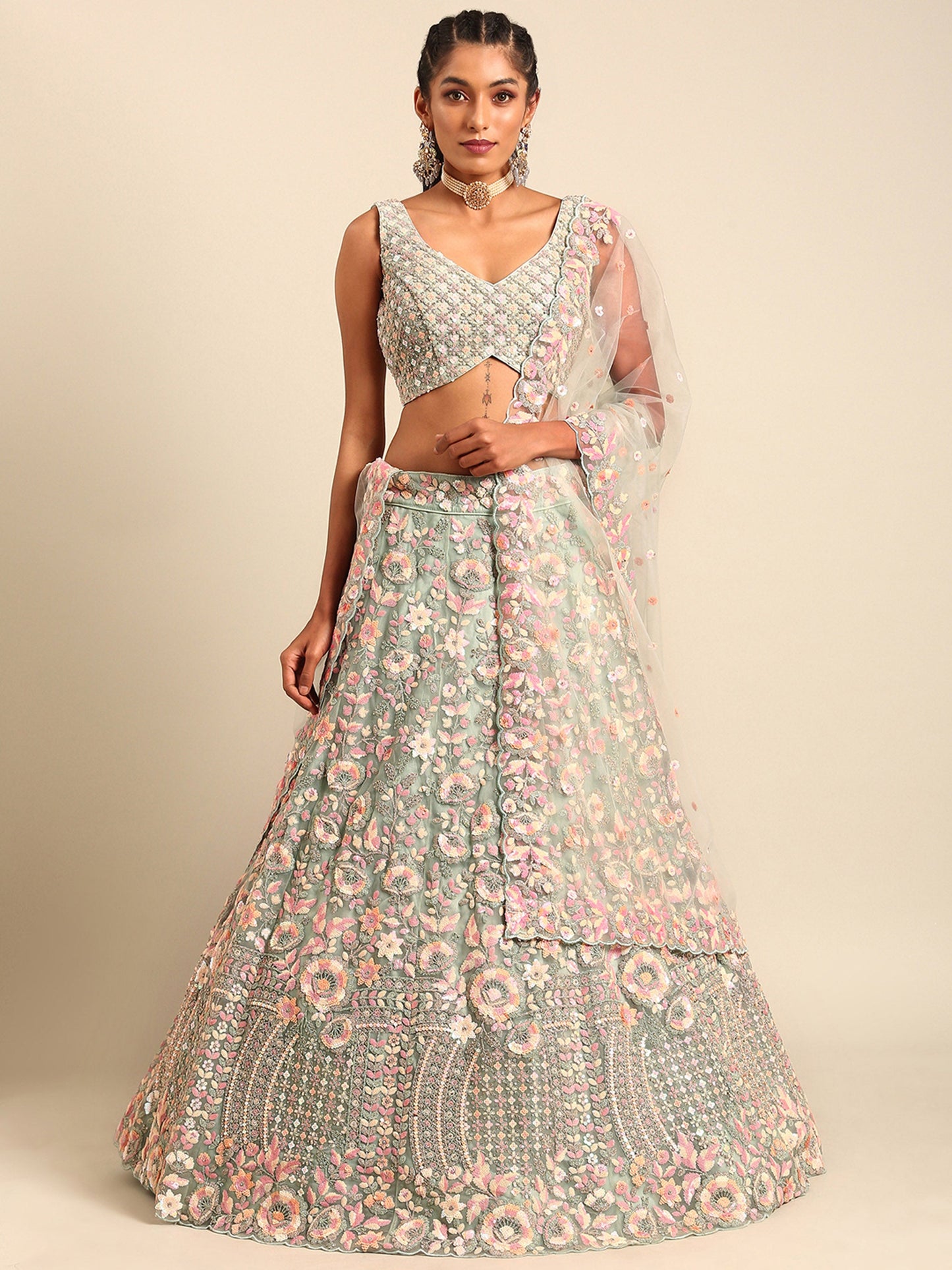 Sea green Net Multi Sequins& Zarkan embroidery Lehenga