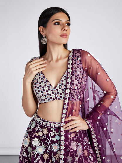 Burgundy Net heavy Sequins embroidery Lehenga