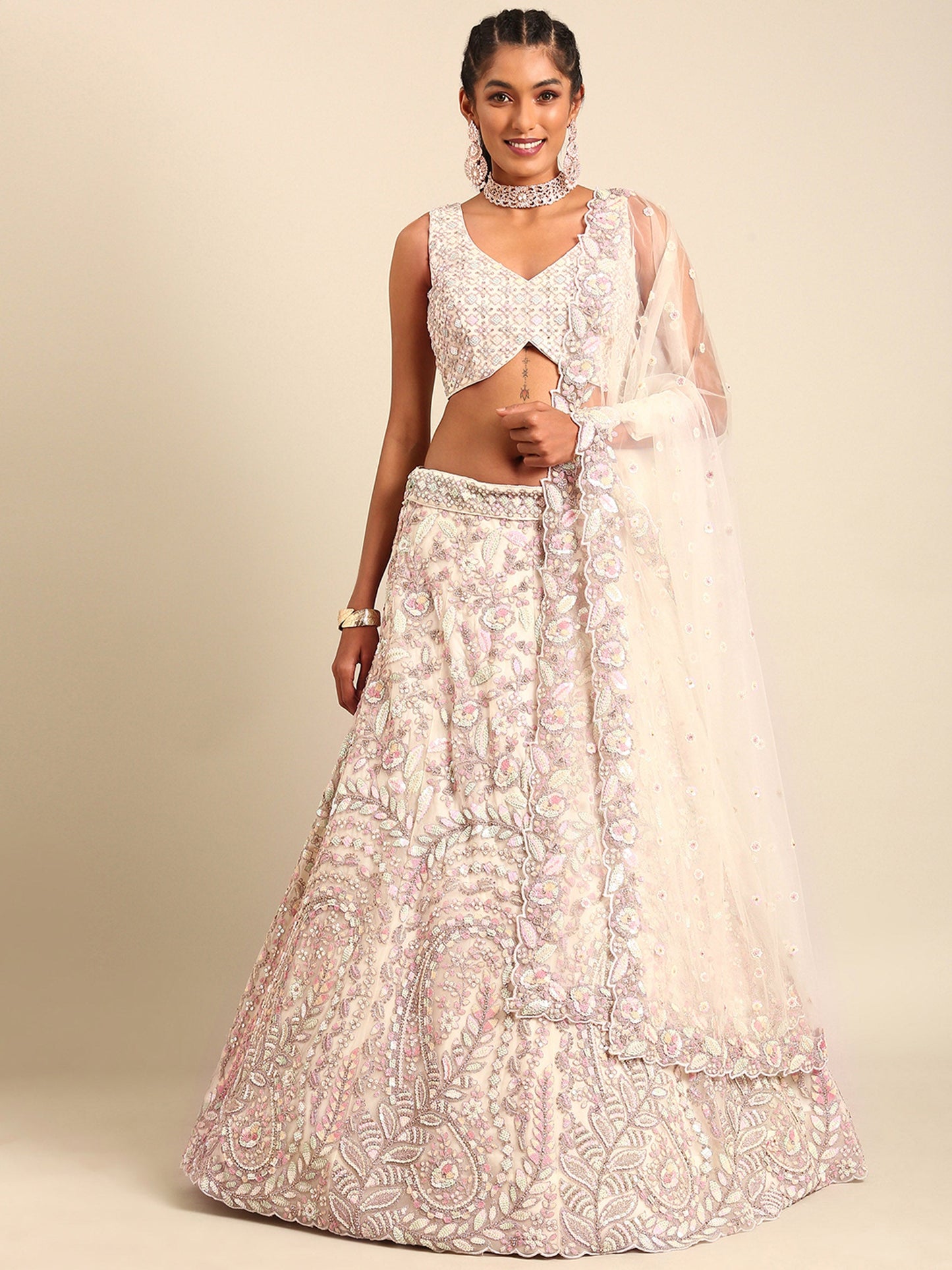 Cream Net Multi Sequins Embroidery Bridesmaid Lehenga