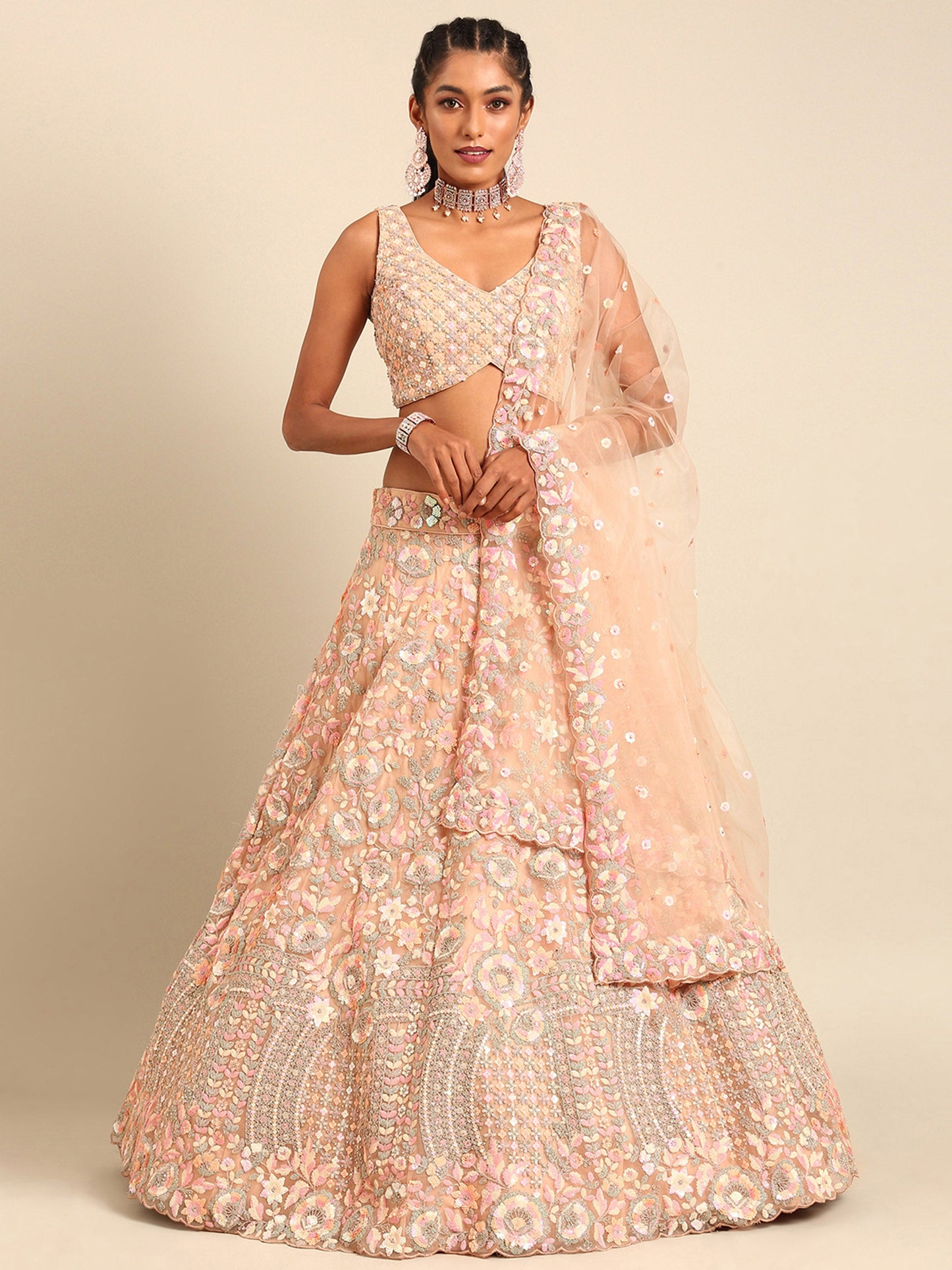 Peach Net Multi Sequins & Zarkan embroidery Lehenga choli