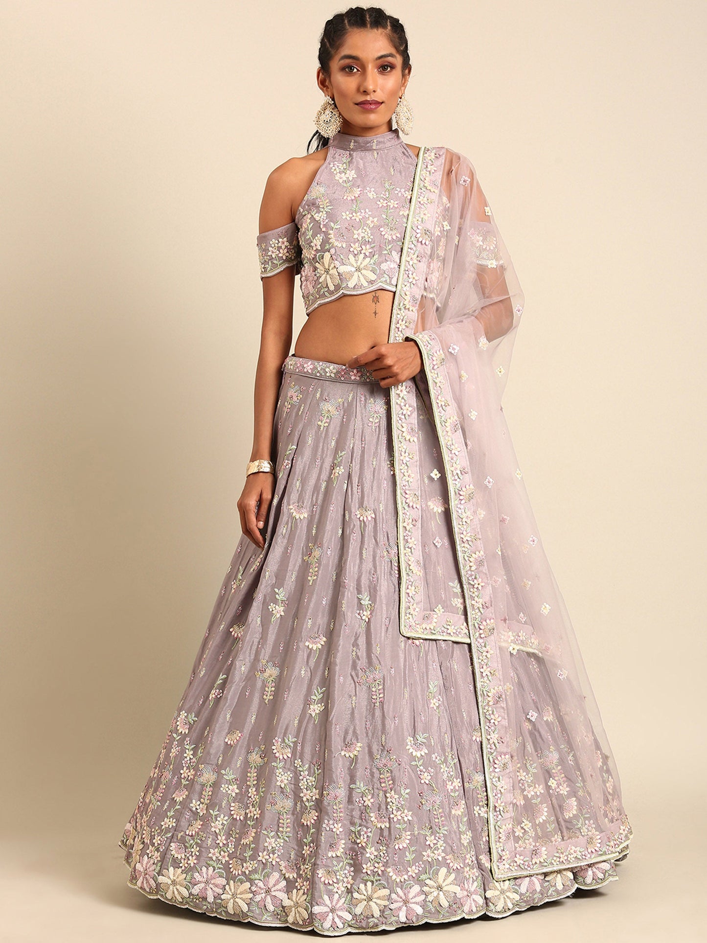 Mauve Georgette Sequins Embroidery Bridesmaid Lehenga