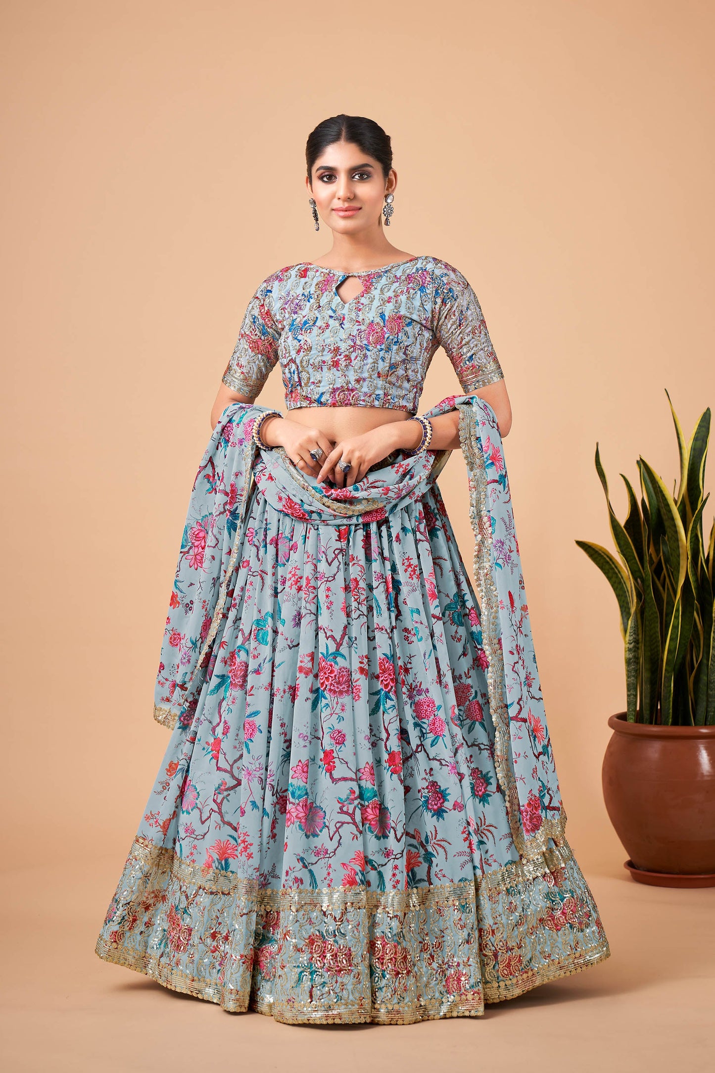 Sky Blue Faux Georgette Zari Work Bridesmaid Lehenga