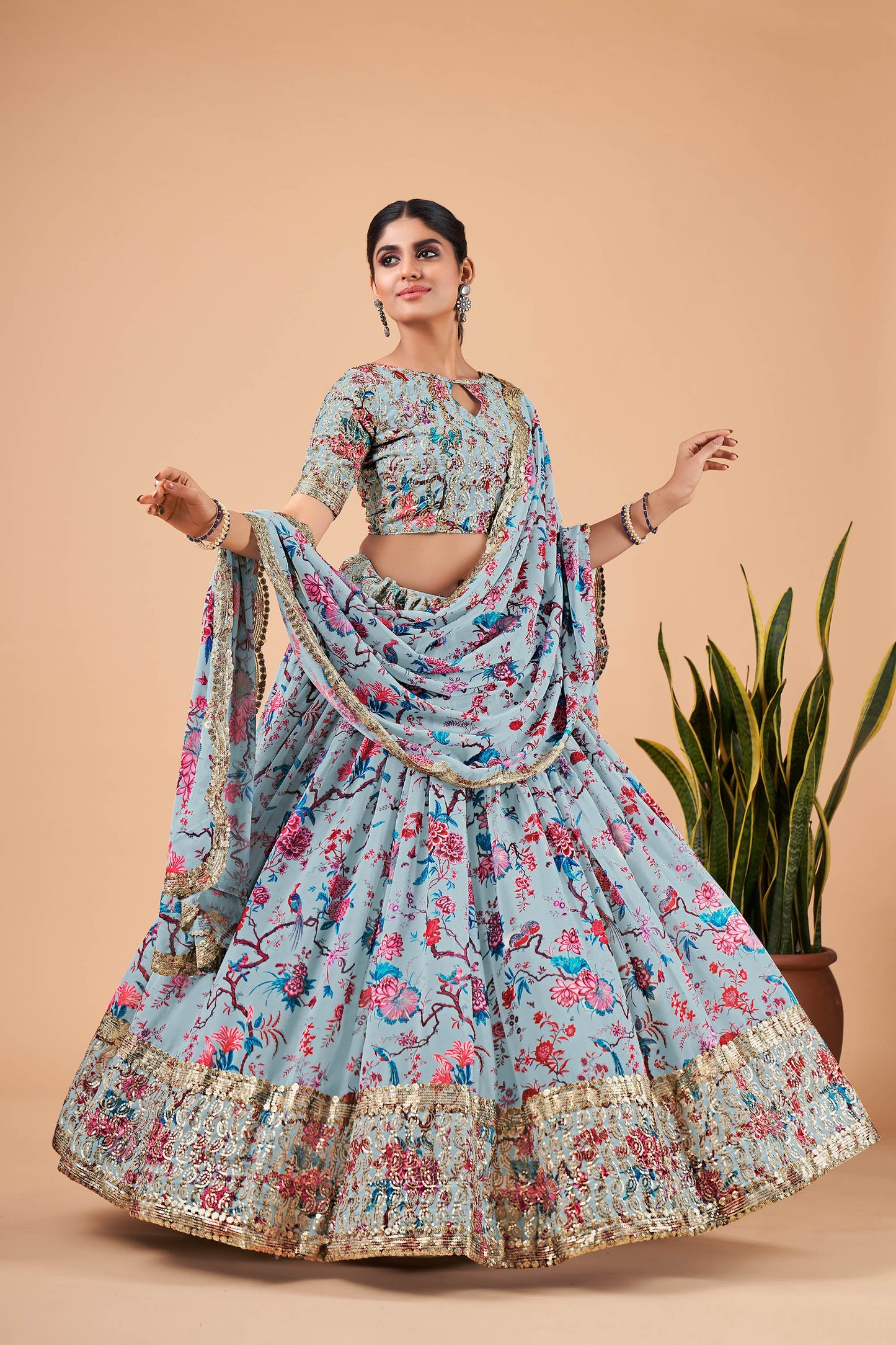 Sky Blue Faux Georgette Zari Work Bridesmaid Lehenga