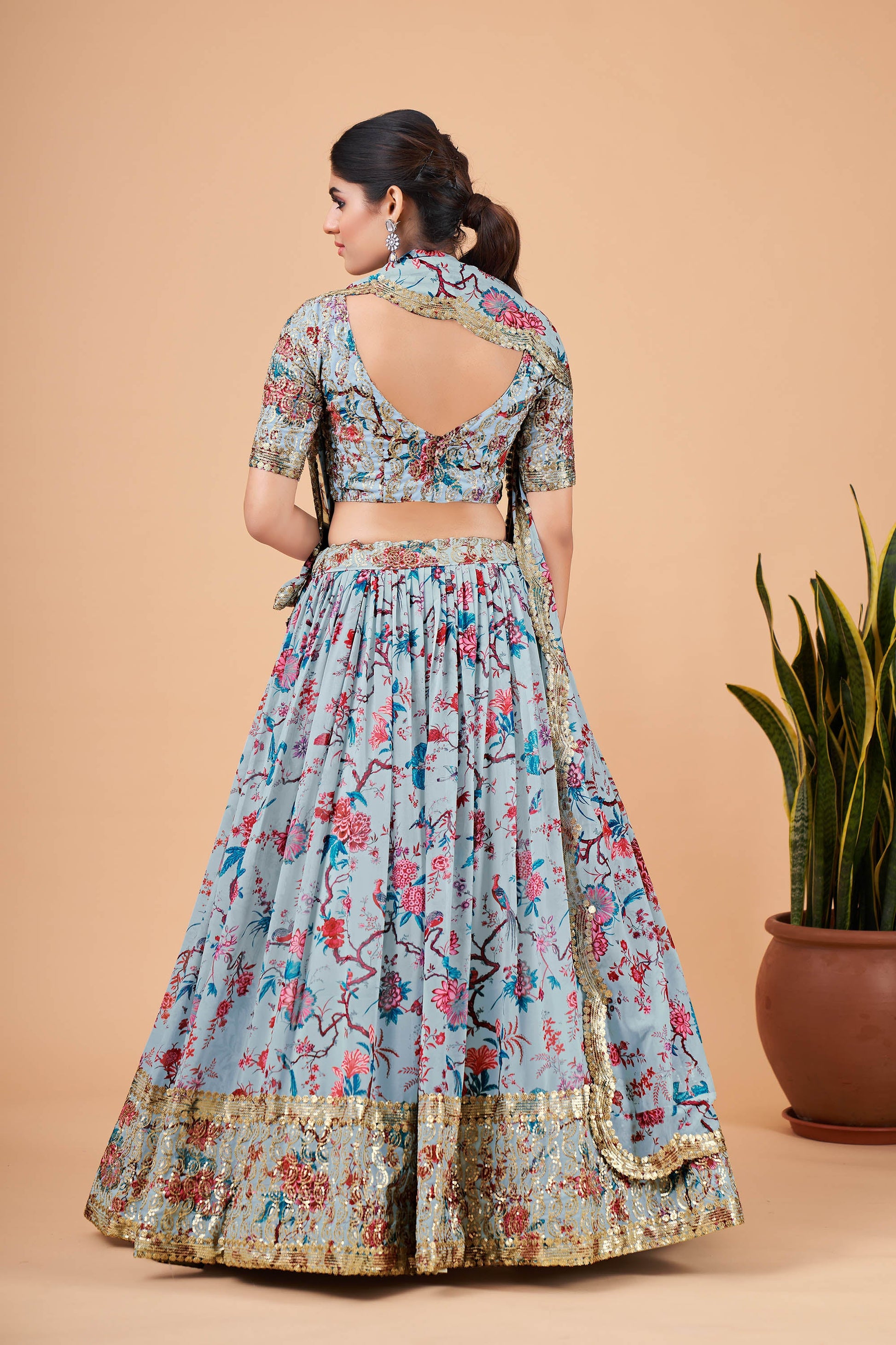 Sky Blue Faux Georgette Zari Work Bridesmaid Lehenga