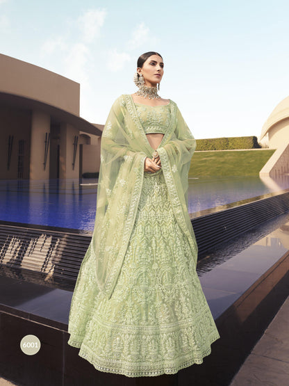 Green Soft Net Embroidered Lehenga Choli Size Mehendi