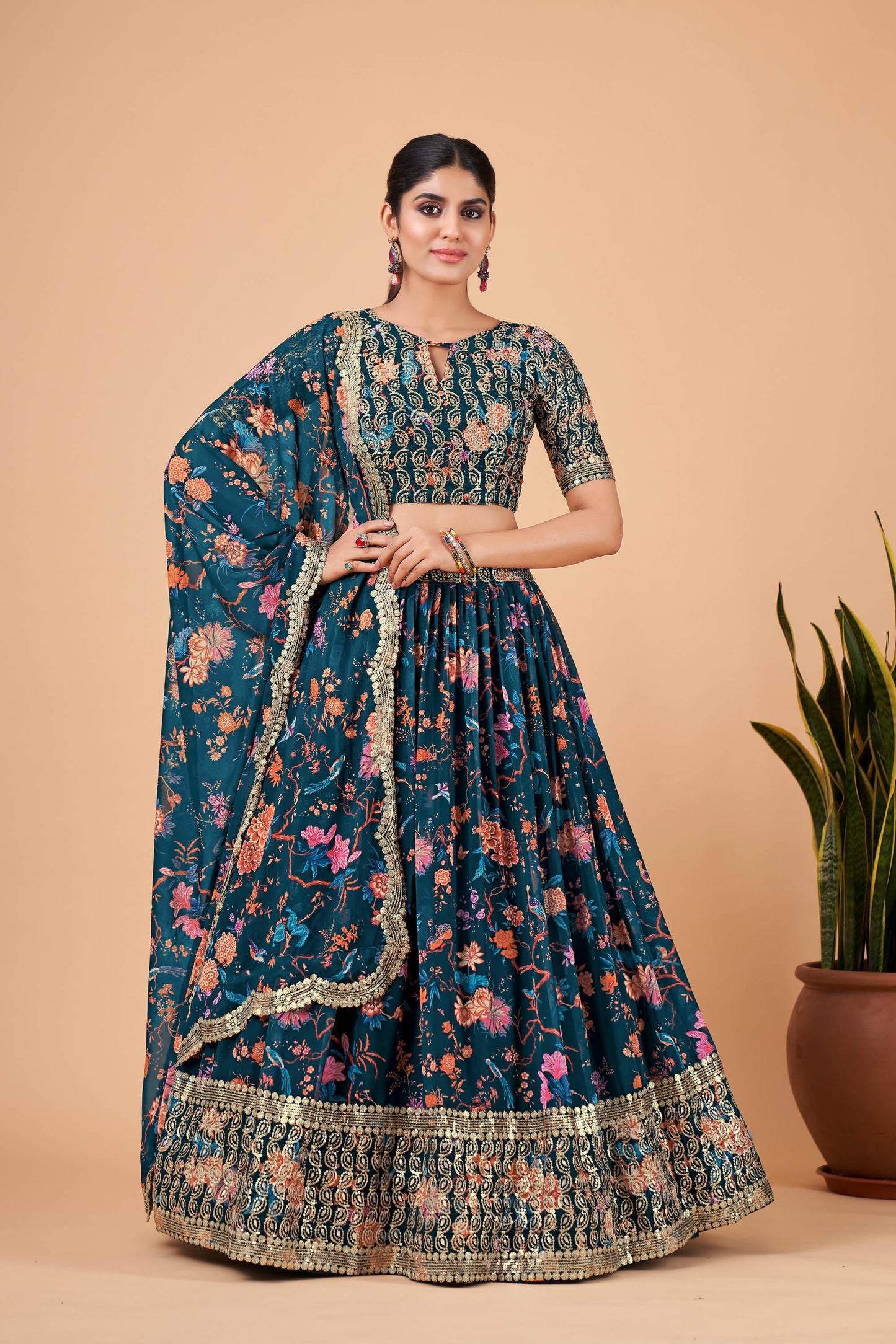 Teal Blue Faux Georgette Zari Work Bridesmaid Lehenga