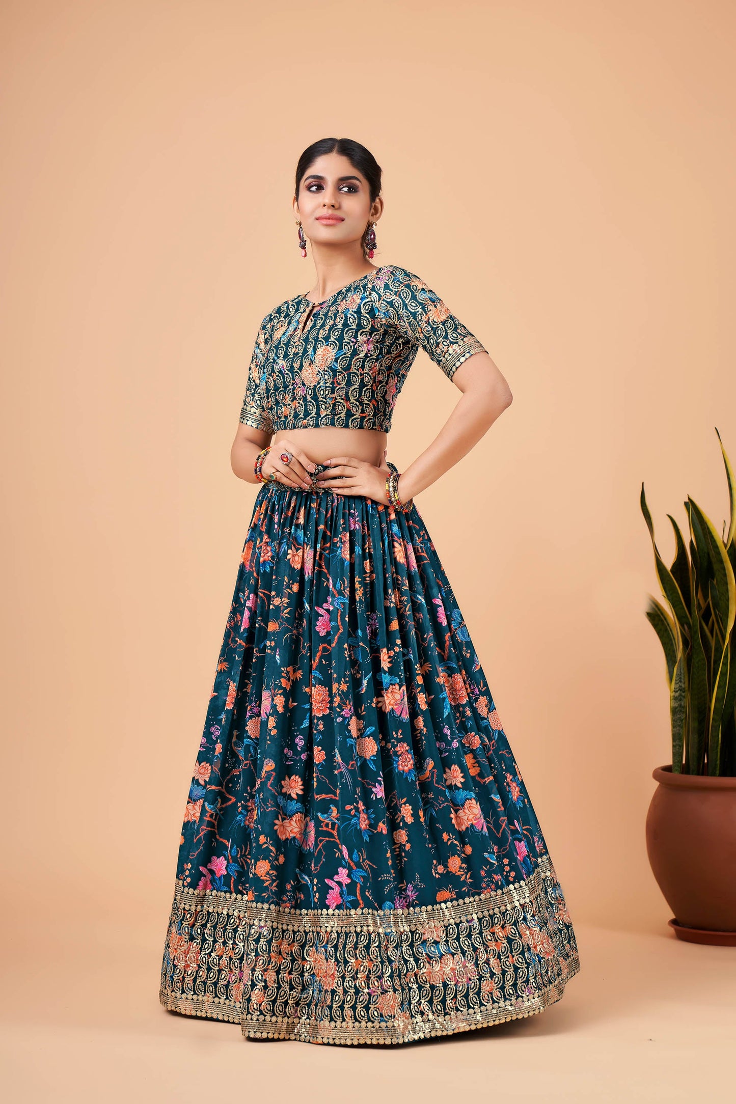 Teal Blue Faux Georgette Zari Work Bridesmaid Lehenga