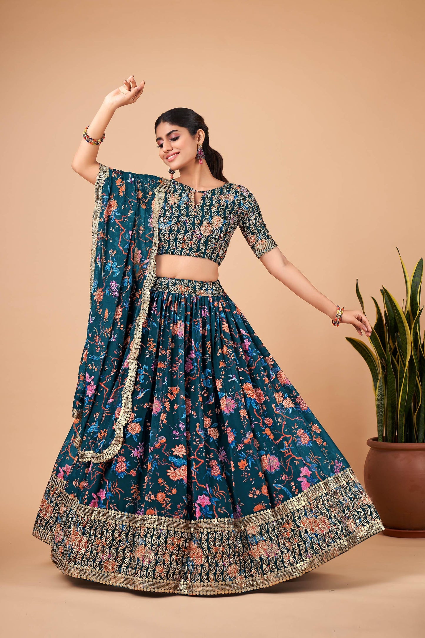 Teal Blue Faux Georgette Zari Work Bridesmaid Lehenga