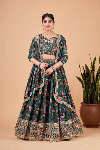 Green Faux Georgette Zari Work Bridesmaid Lehenga