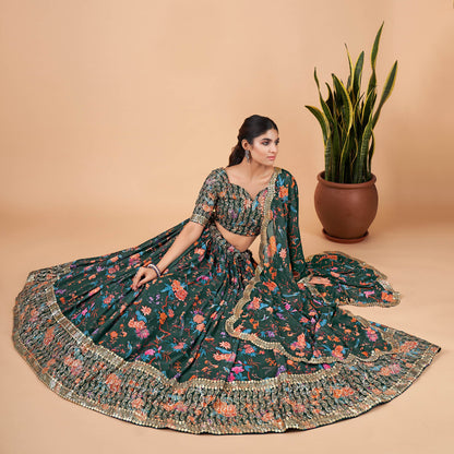 Green Faux Georgette Zari Work Bridesmaid Lehenga