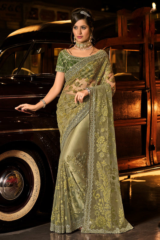 Mehendi Green Digital Net Saree with Velvet Patch Cutdana Work