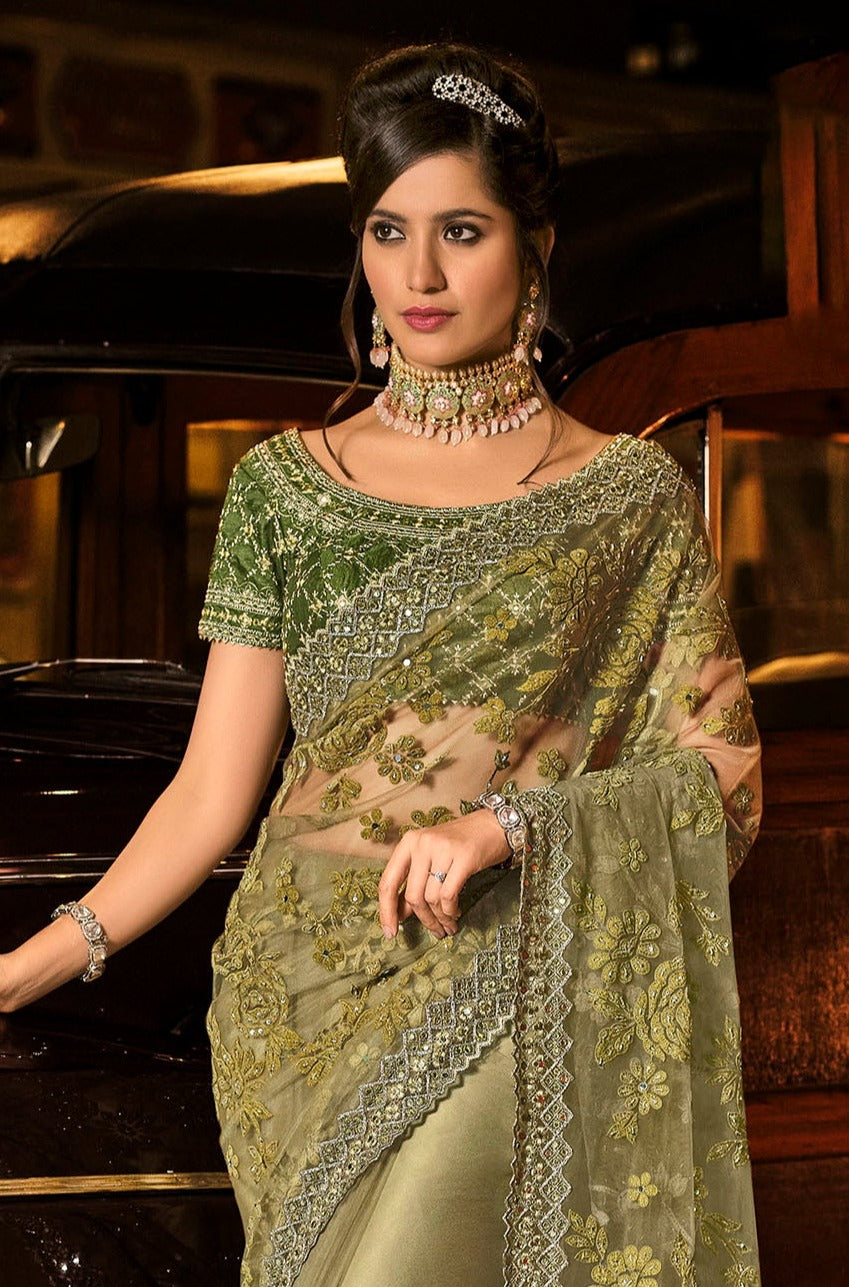 Mehendi Green Digital Net Saree with Velvet Patch Cutdana Work