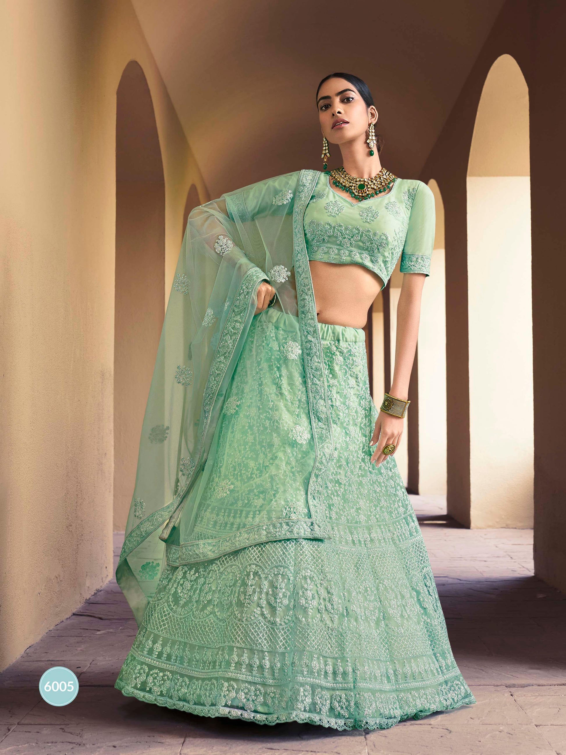 Light Green Soft Net Embroidered Lehenga Choli Size Mehendi 