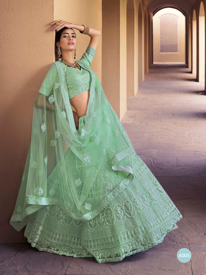 Light Green Soft Net Embroidered Lehenga Choli Size Mehendi 