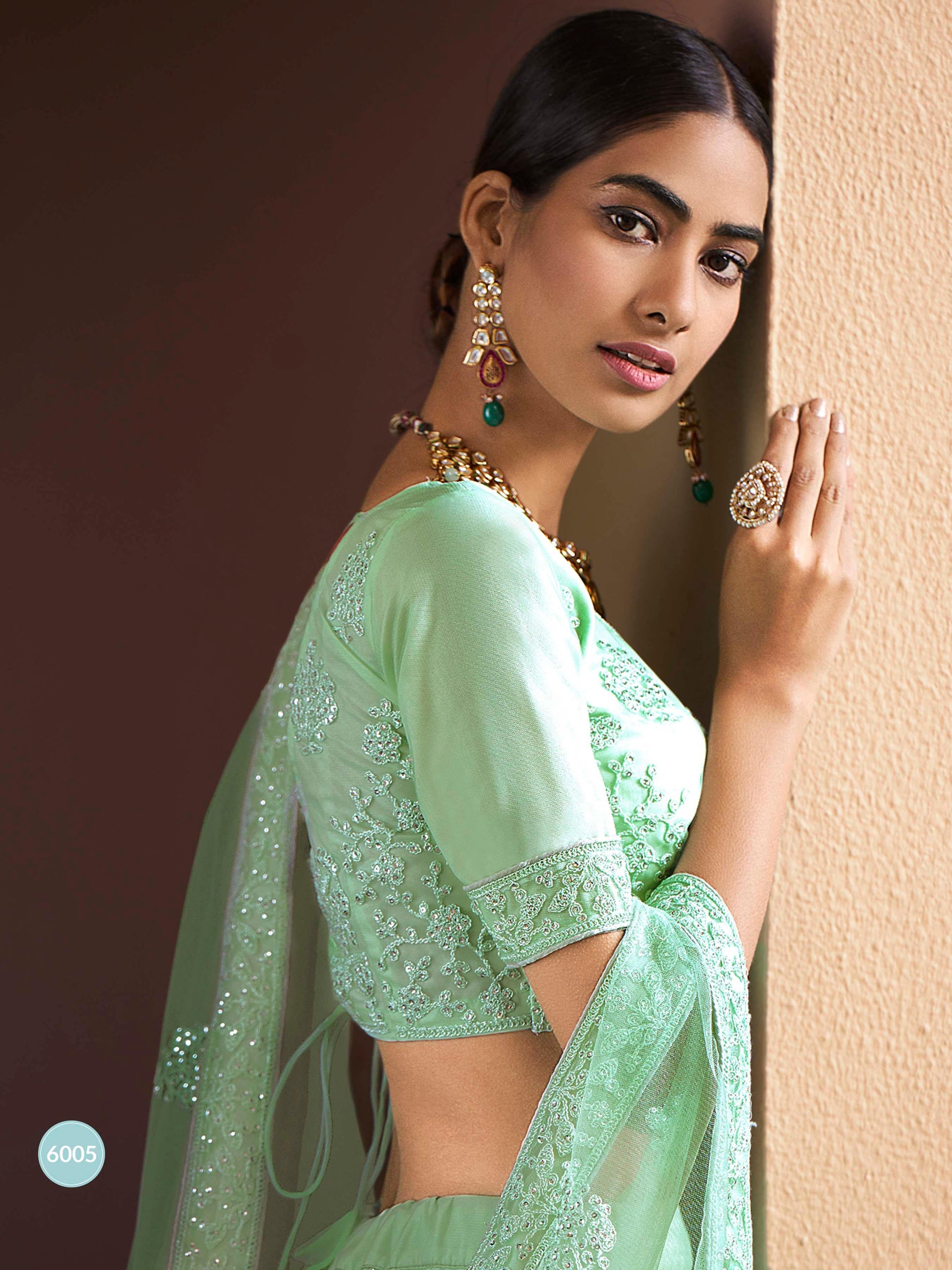 Light Green Soft Net Embroidered Lehenga Choli Size Mehendi