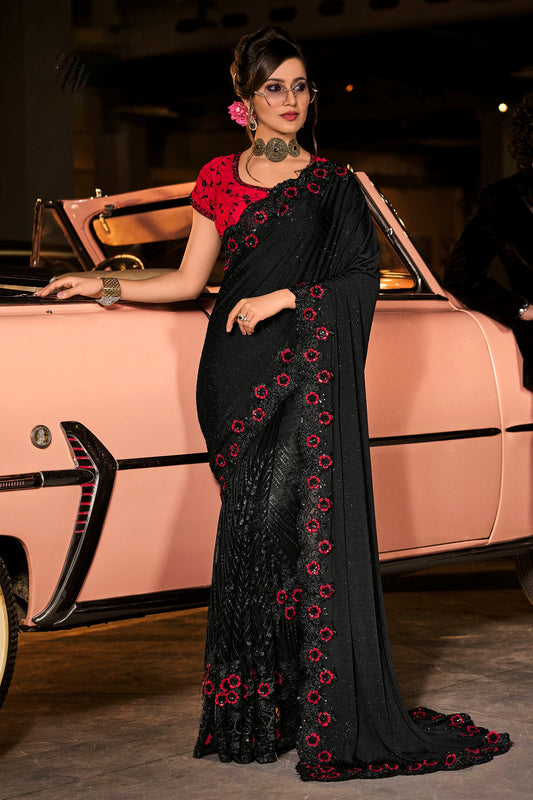 Black Color Diamond and Sequins Work Fancy Saree