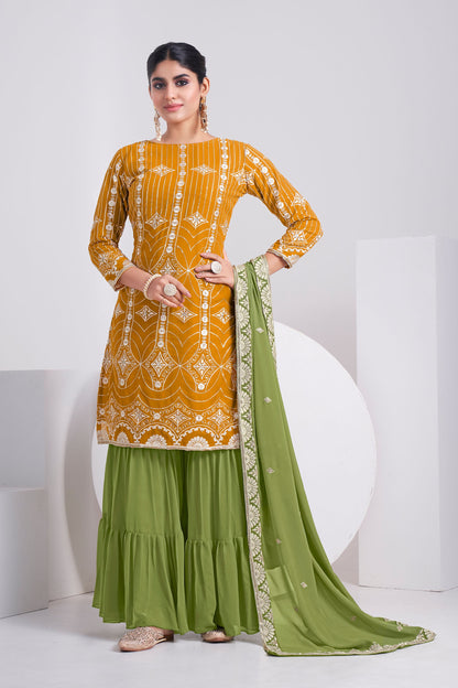 Mustard Yellow Sequence Embroidered Faux Georgette Sharara