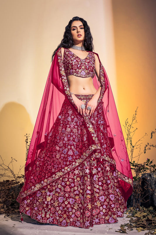 Pink Hand Embroidered Net Lehenga for Bridesmaid For Order