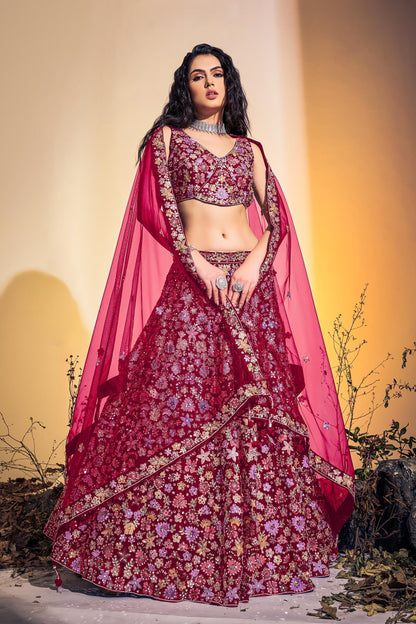 Pink Hand Embroidered Net Lehenga for Bridesmaid