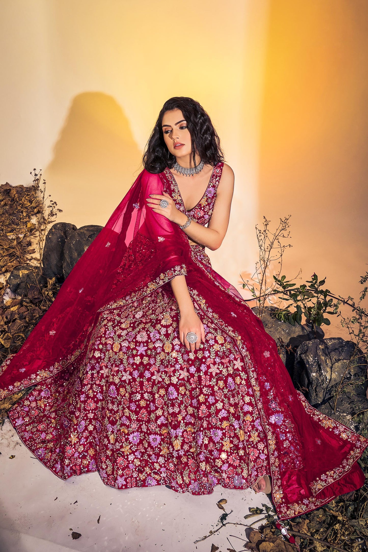 Pink Hand Embroidered Net Lehenga for Bridesmaid