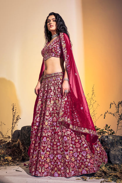 Pink Hand Embroidered Net Lehenga for Bridesmaid