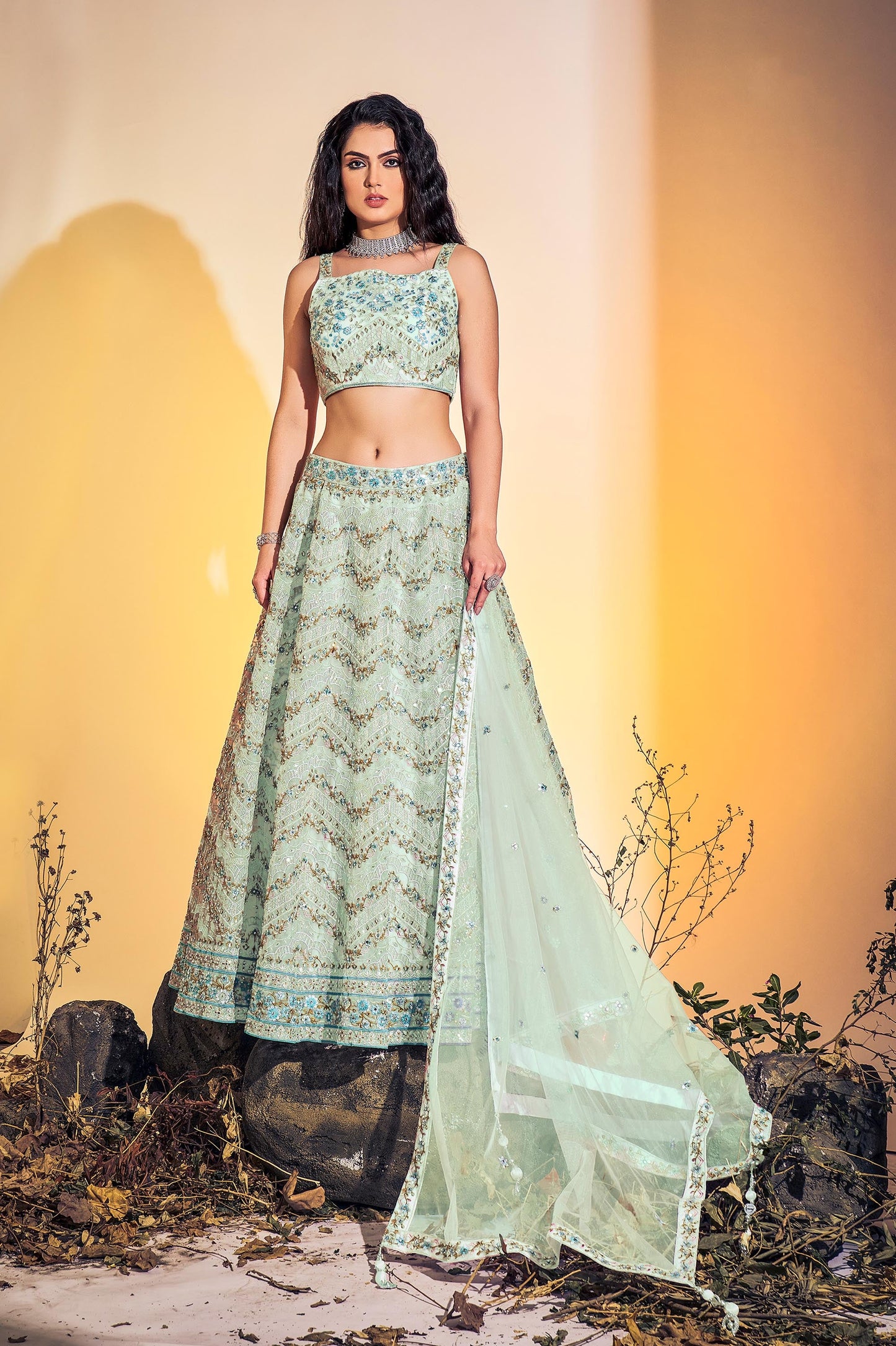 Sea Green Hand Embroidered Net Lehenga for Bridesmaid