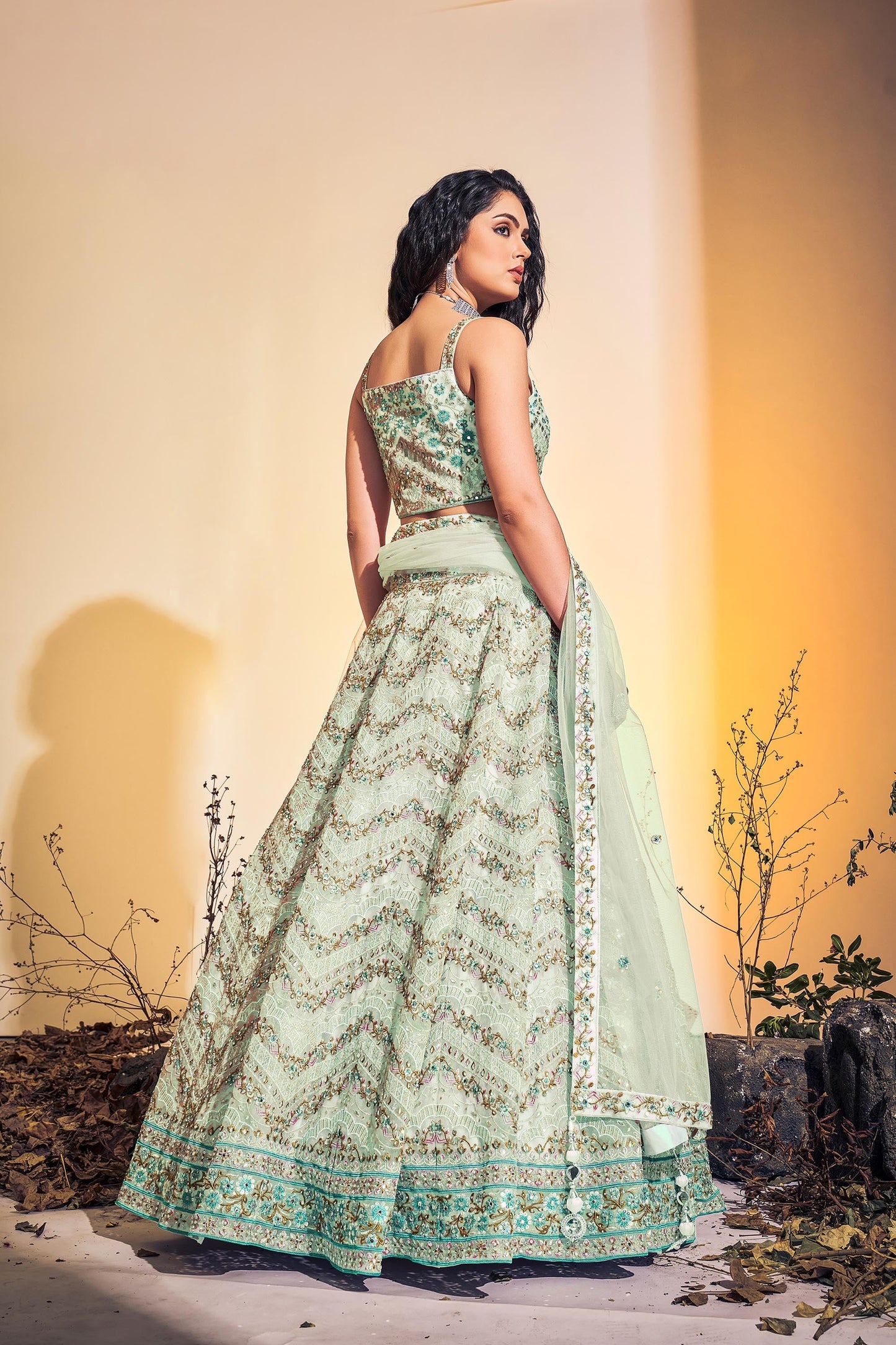 Sea Green Hand Embroidered Net Lehenga for Bridesmaid