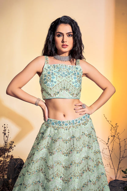 Sea Green Hand Embroidered Net Lehenga for Bridesmaid