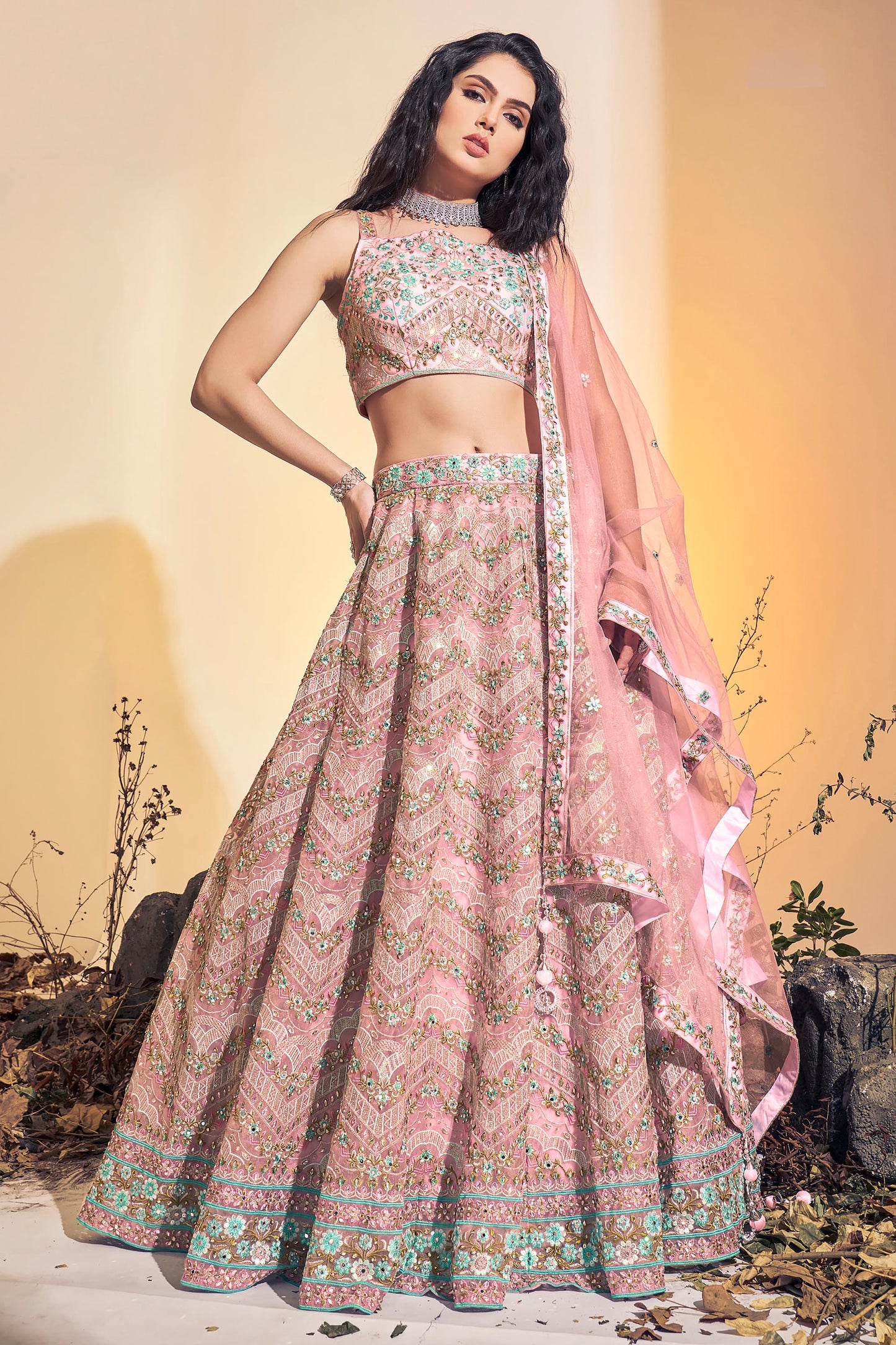 Baby Pink Hand Embroidered Net Lehenga for Sangeet