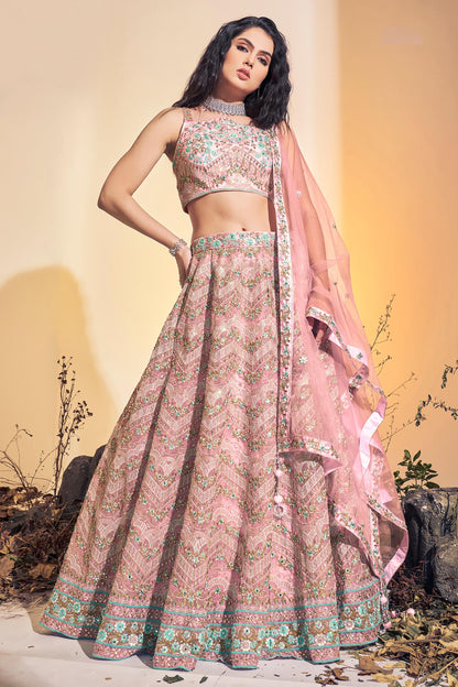 Baby Pink Hand Embroidered Net Lehenga for Sangeet