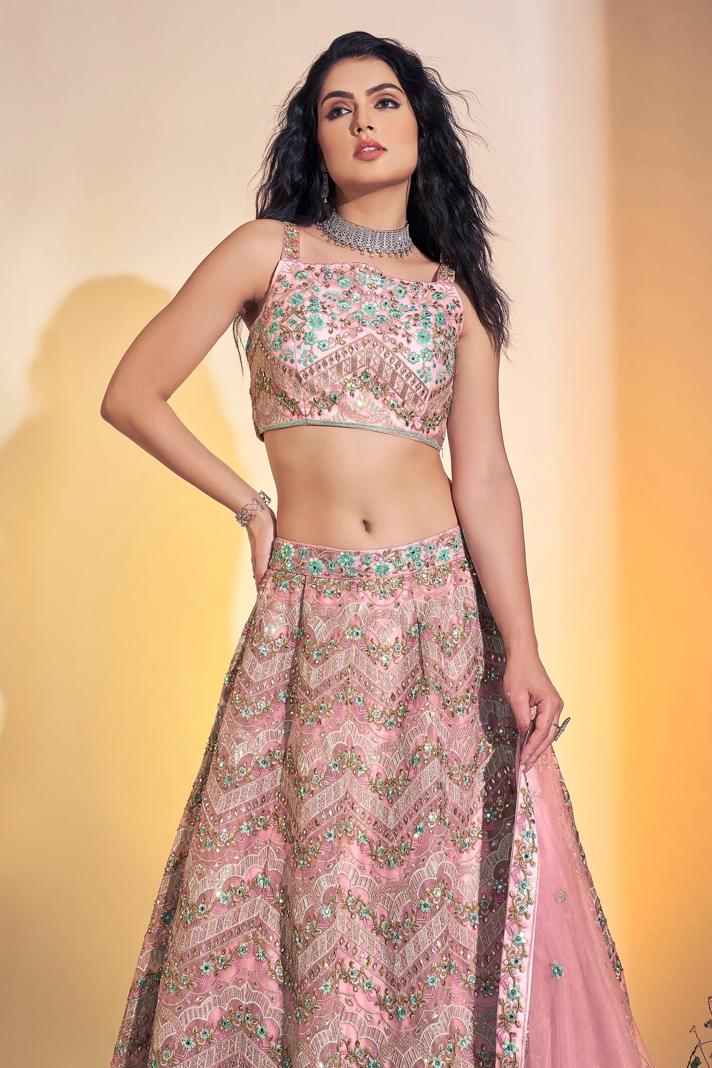 Baby Pink Hand Embroidered Net Lehenga for Sangeet