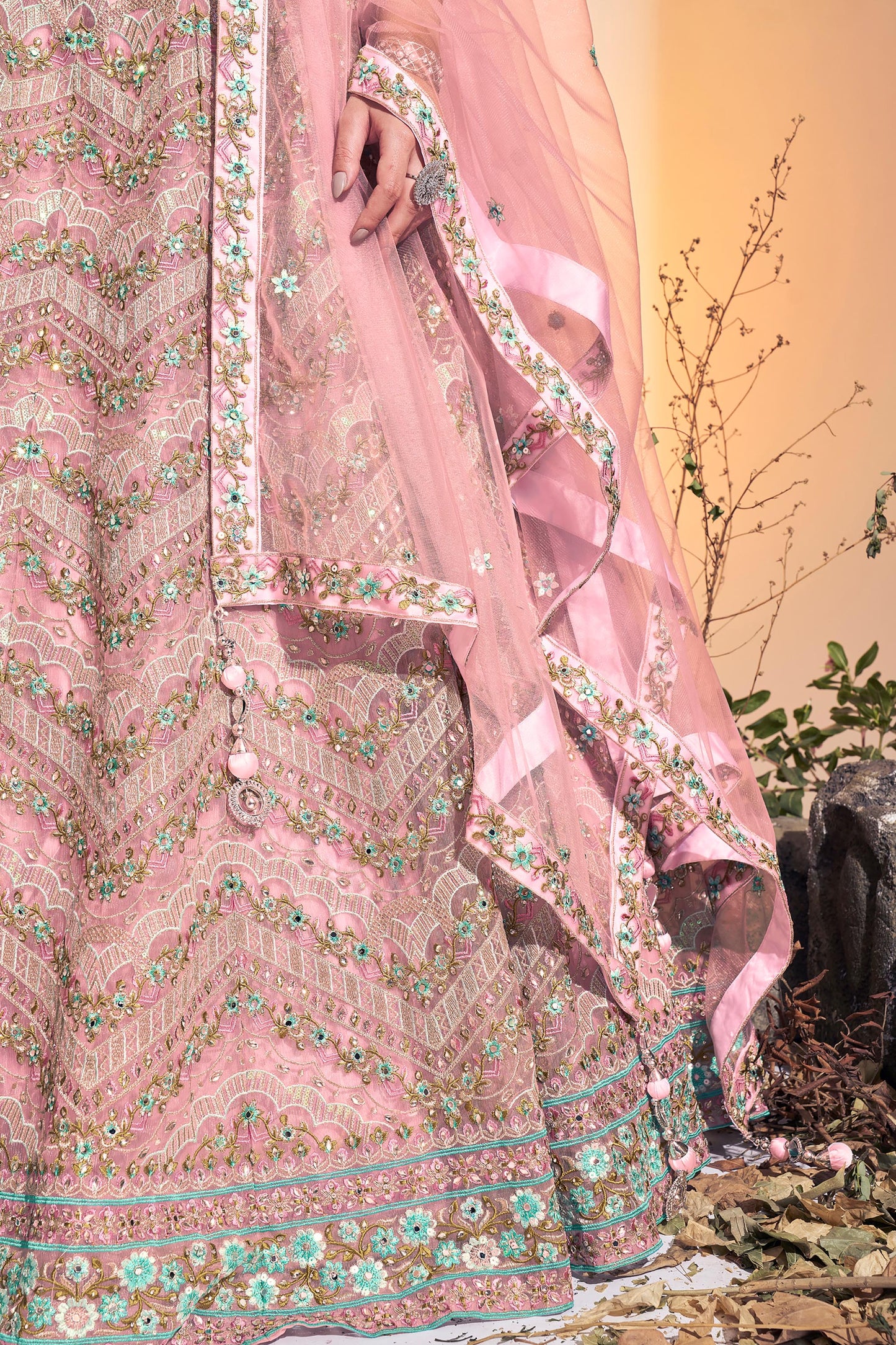 Baby Pink Hand Embroidered Net Lehenga for Sangeet