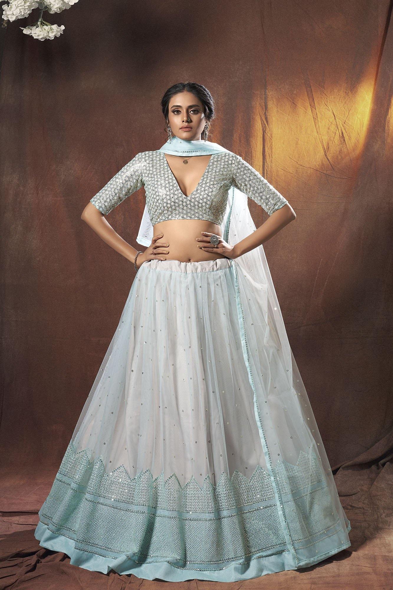    Light Blue Sequins Work Soft Net Lehenga - Glamou  al