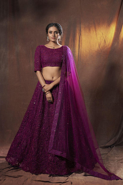 Wine Soft Net monochrome Lehenga with Dupattal