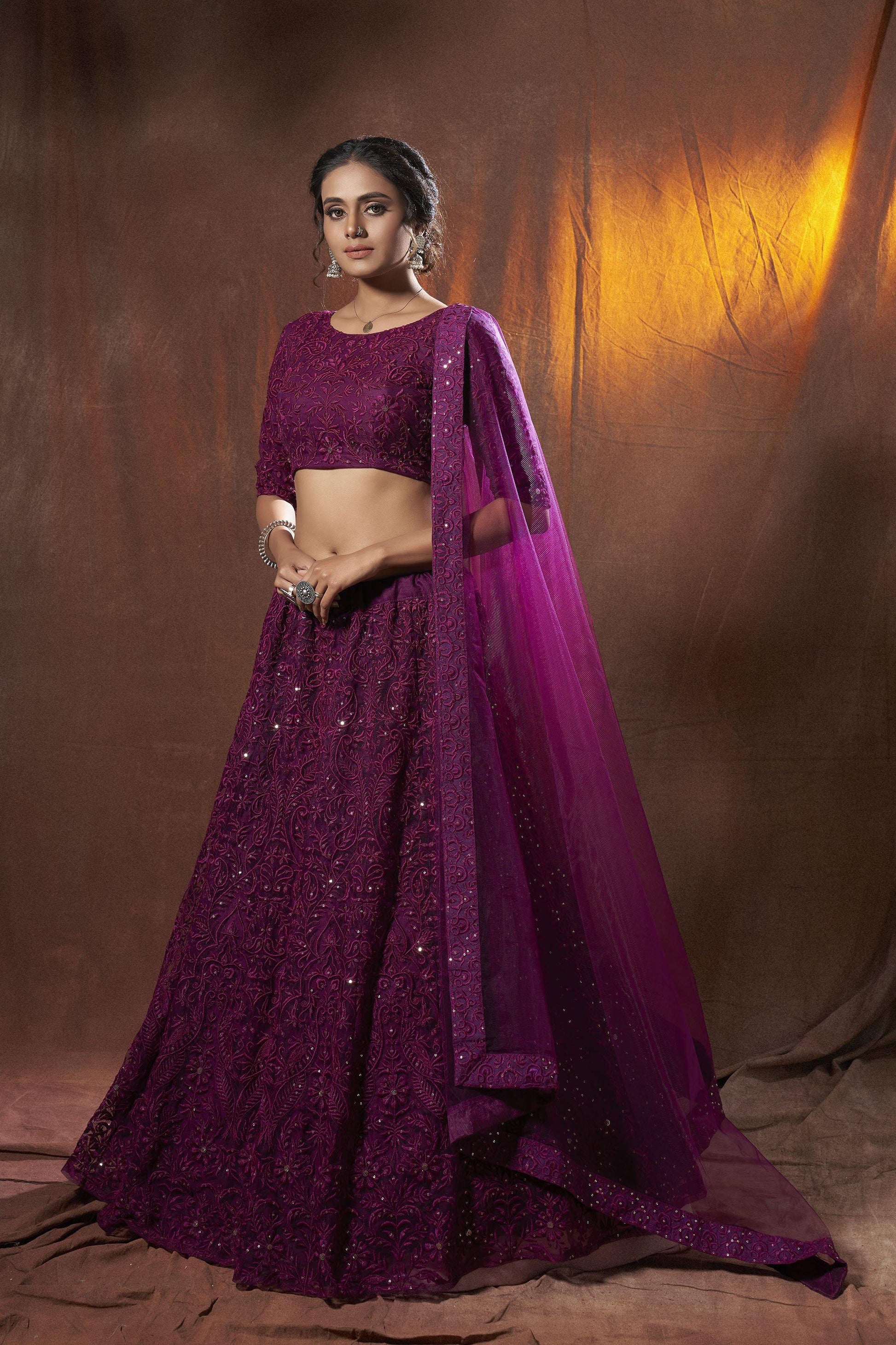 Wine Soft Net monochrome Lehenga with Dupatta