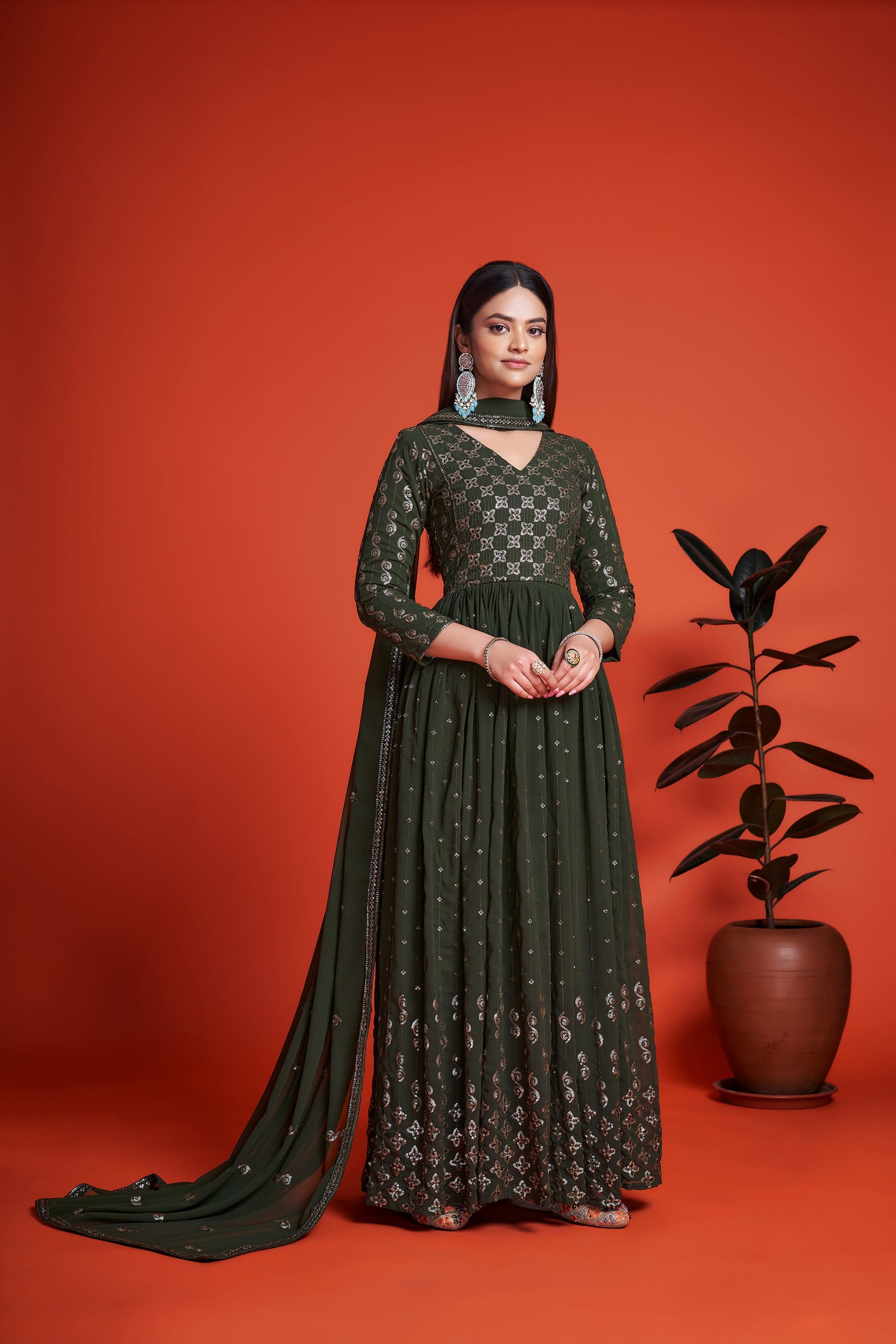 Mehendi Green Sequins Embroidery Georgette Anarkali for Mehendi