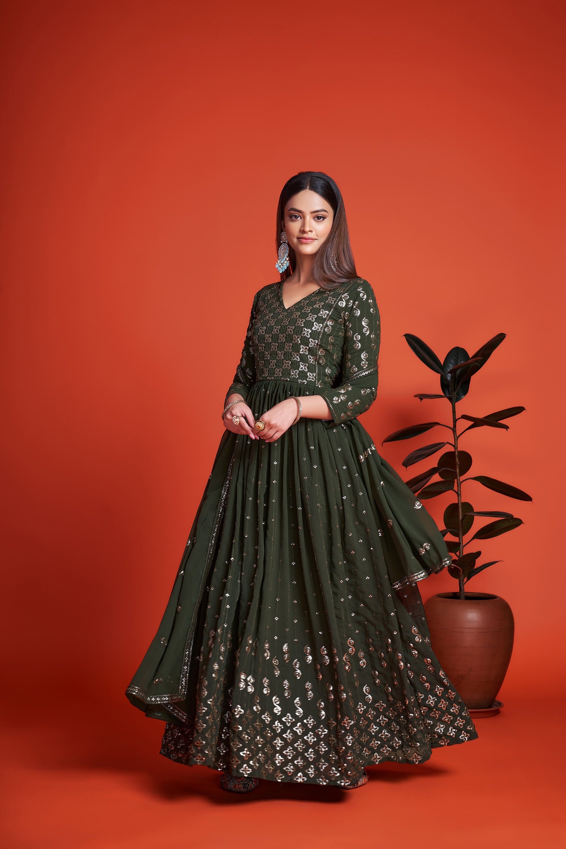 Mehendi Green Sequins Embroidery Georgette Anarkali for Mehendi