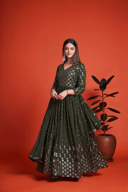 Mehendi Green Sequins Embroidery Georgette Anarkali for Mehendi